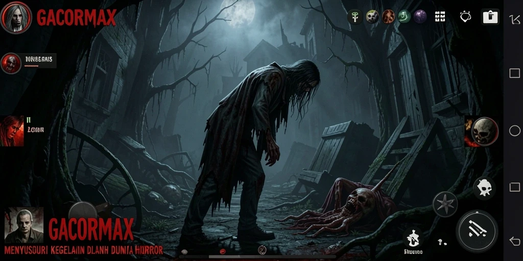 Screenshot gameplay GACORMAX menampilkan suasana horor yang mencekam.