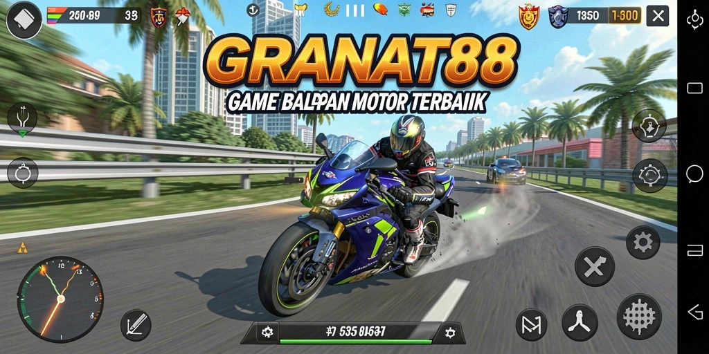 Screenshot gameplay yang menggambarkan aksi balapan motor yang mendebarkan.