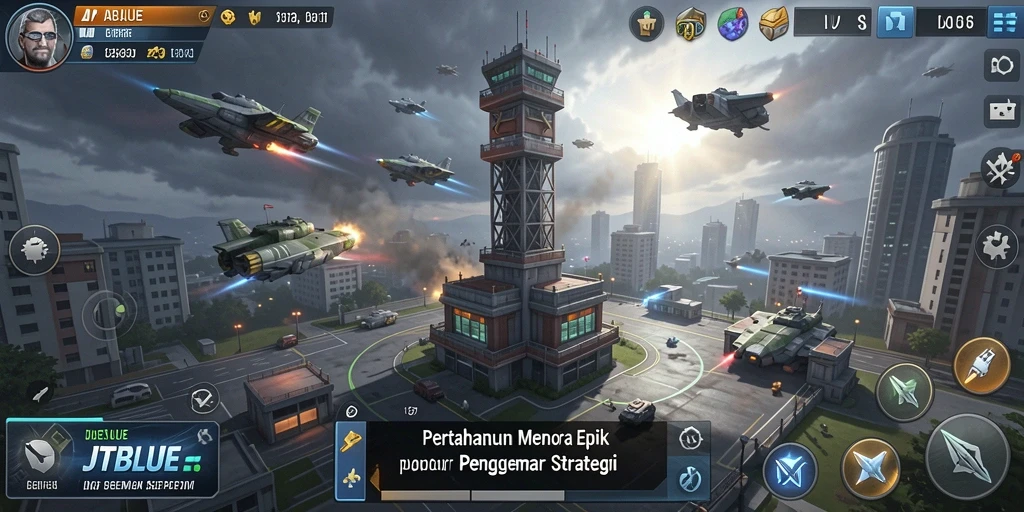 Tangkapan layar gameplay <strong>JTBLUE</strong> yang menampilkan pertahanan menara yang strategis.