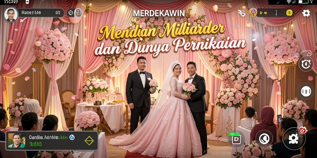 Screenshot utama MERDEKAWIN menampilkan aksi seru dalam mengelola pernikahan.