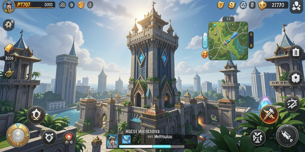 Tampilan gameplay PT707 dengan menara yang strategis.