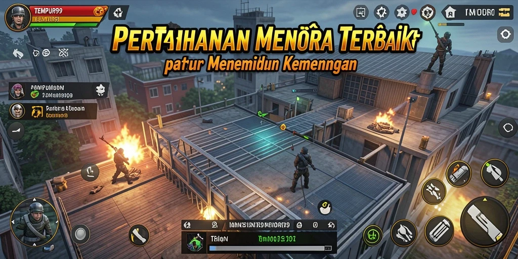 Tampilan gameplay TEMPUR99 dengan menara dan musuh yang mendebarkan.